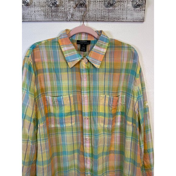 RALPH LAUREN Button Up Shirt Pastel Plaid Gauze Semi Sheer Roll Tab 2X - Picture 5 of 11